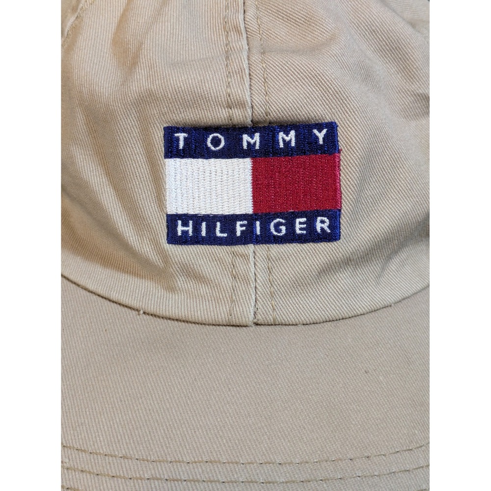 Vintage Tommy Hilfiger Dad Hat Tan Beige Made in USA Leather Strap Flag Logo Cap - Picture 2 of 8